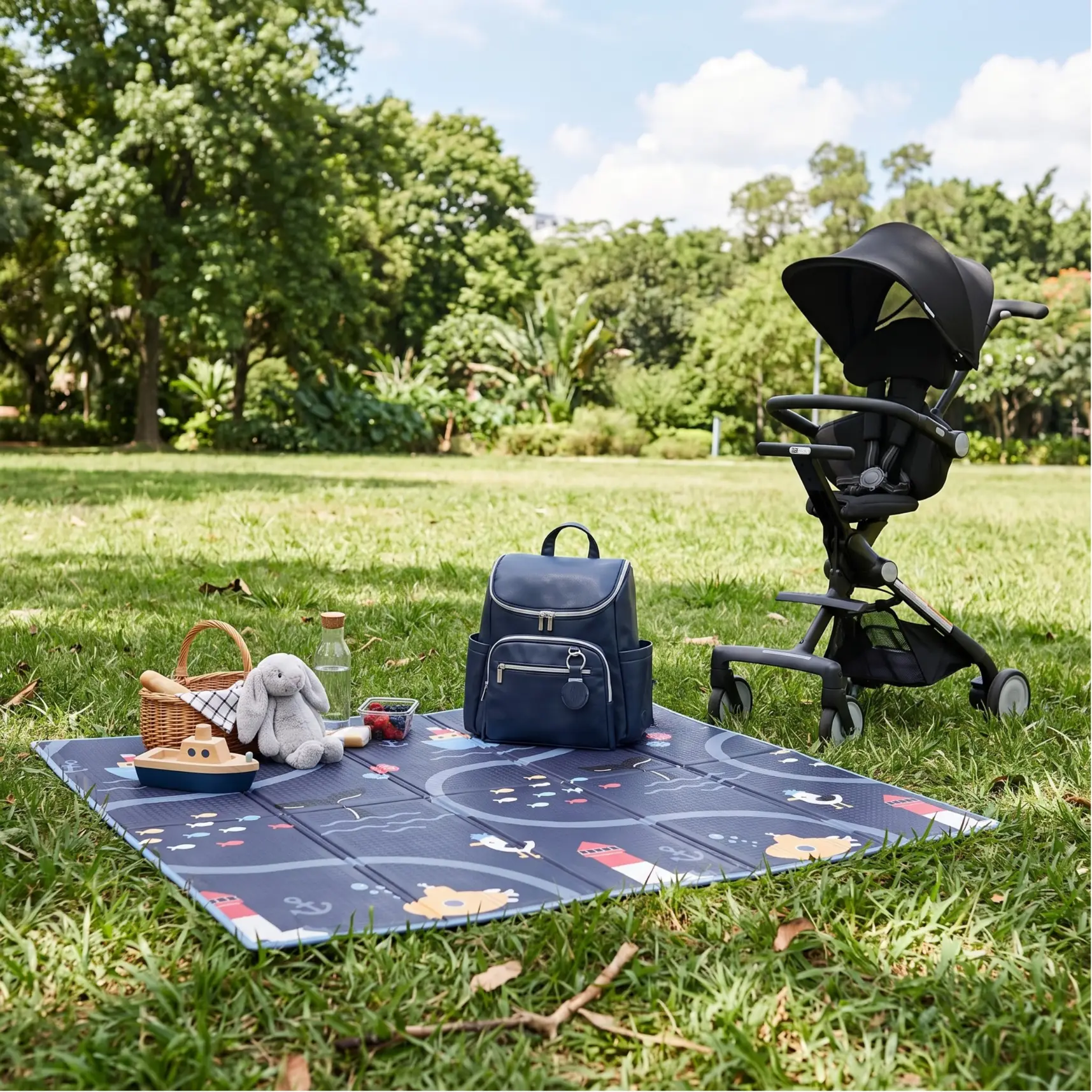A picnic mat with a navy backpack, basket, bunny, snacks, and a black stroller on grass in a park.