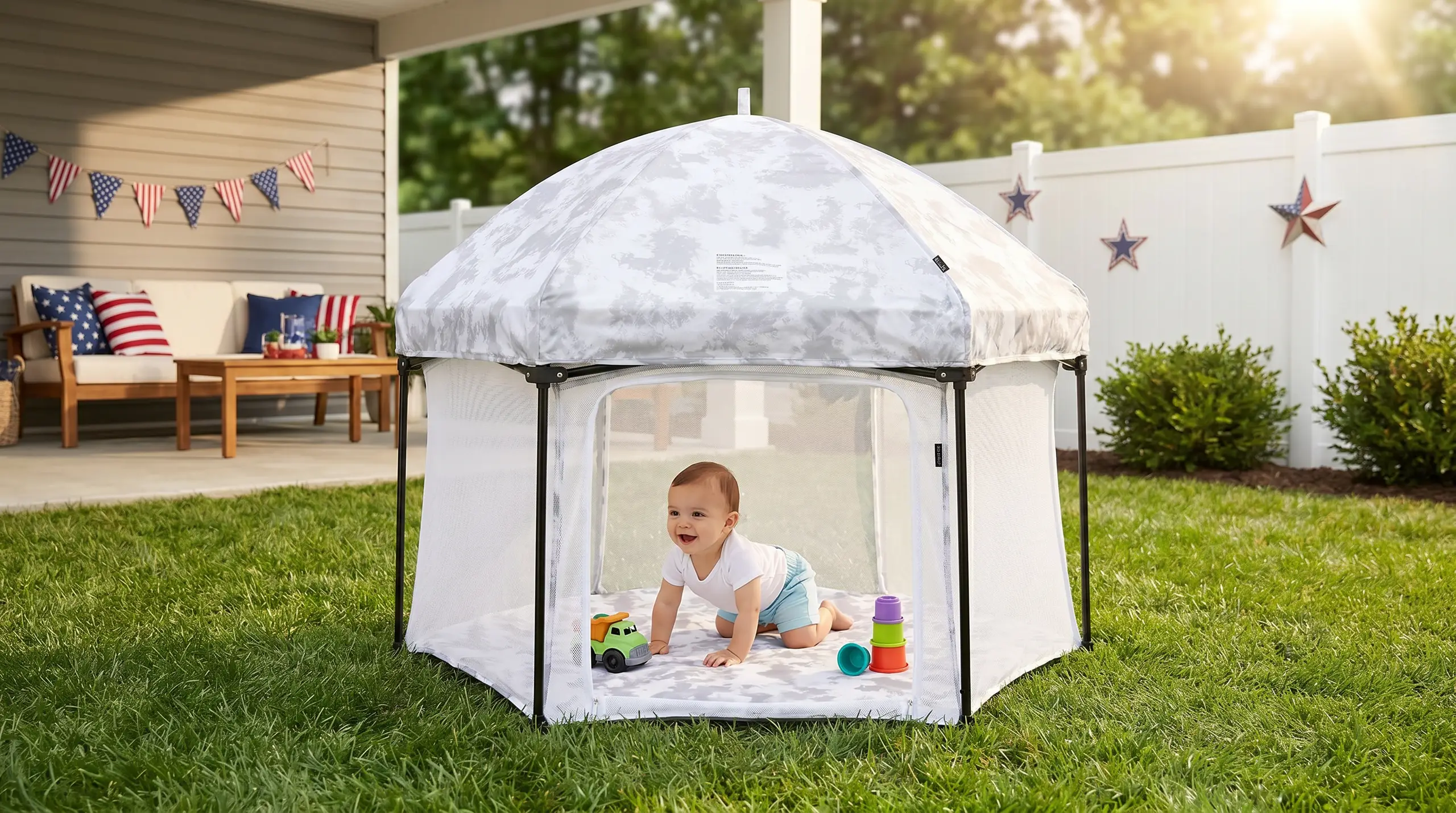 A smiling baby crawls inside a portable outdoor playpen on a sunny lawn.
