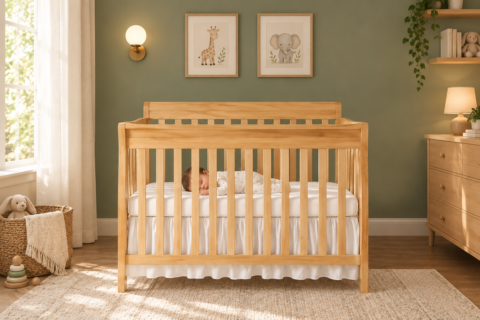A baby sleeps in a natural wood crib in a sage green nursery.