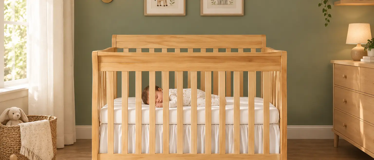 A baby sleeps in a natural wood crib in a sage green nursery.