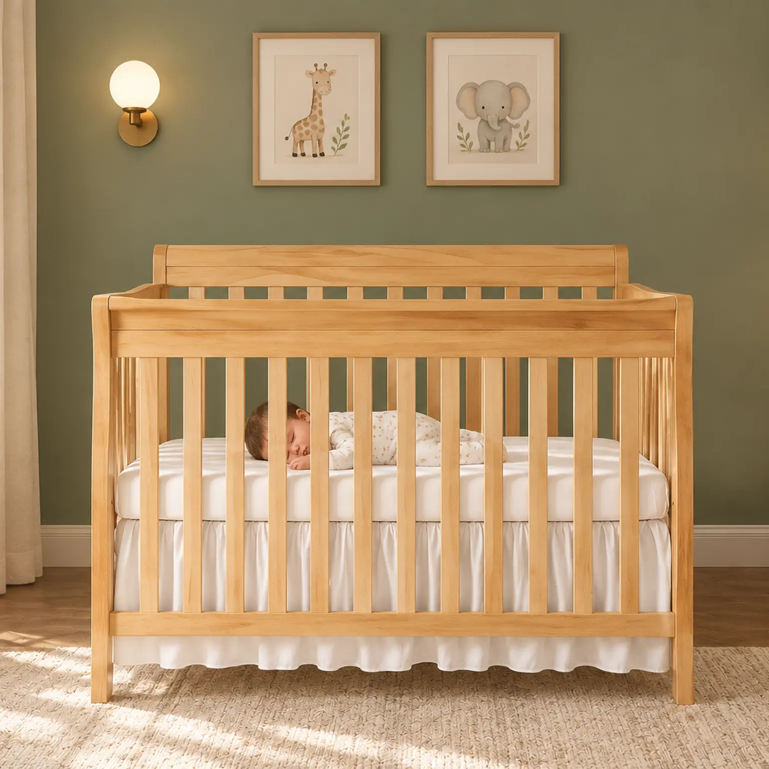 A baby sleeps in a natural wood crib in a sage green nursery.