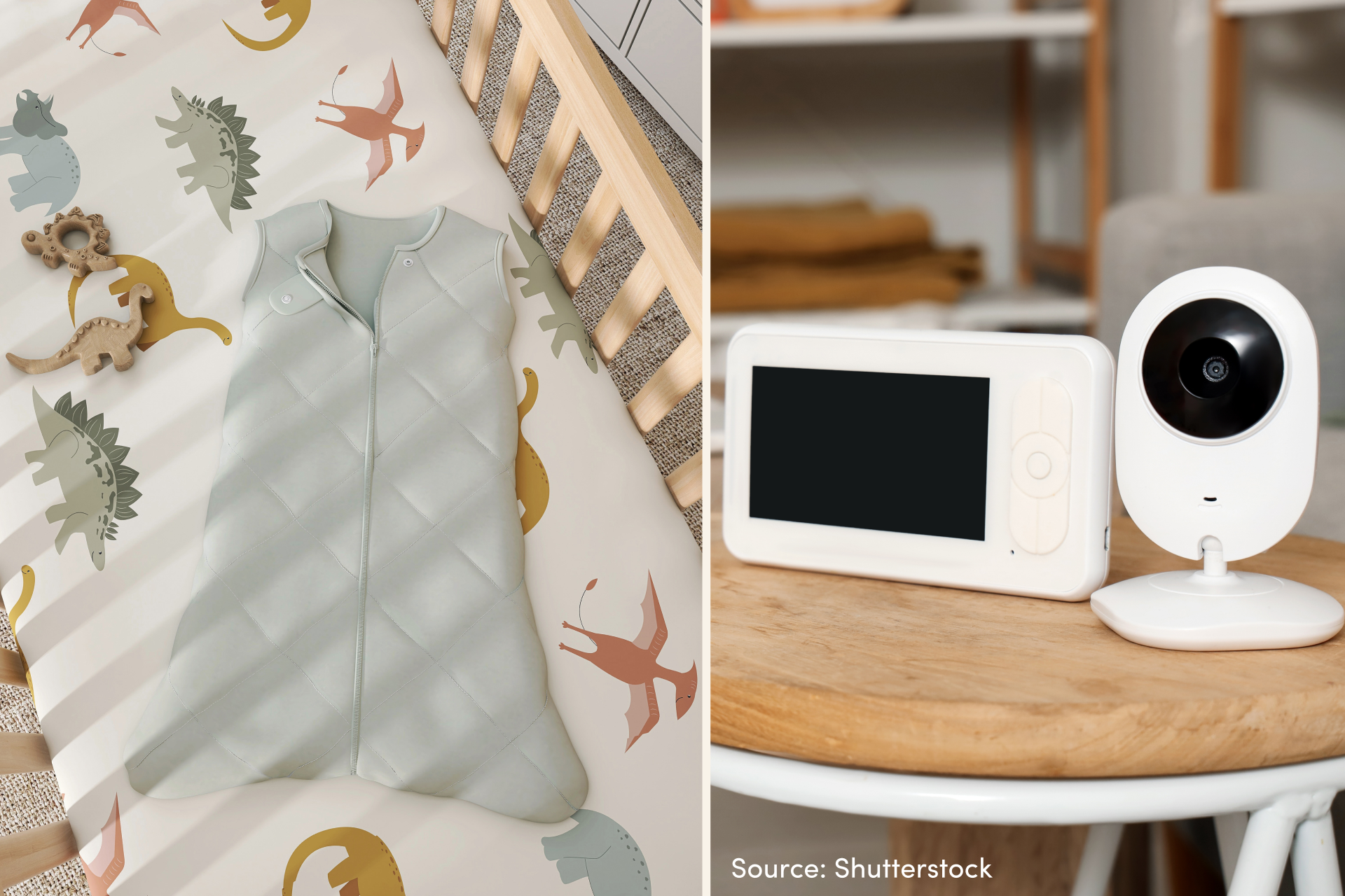 Baby sleep essentials including a Evolur rawr-some fitted sheet and sleep sack and a baby monitor with camera and screen.