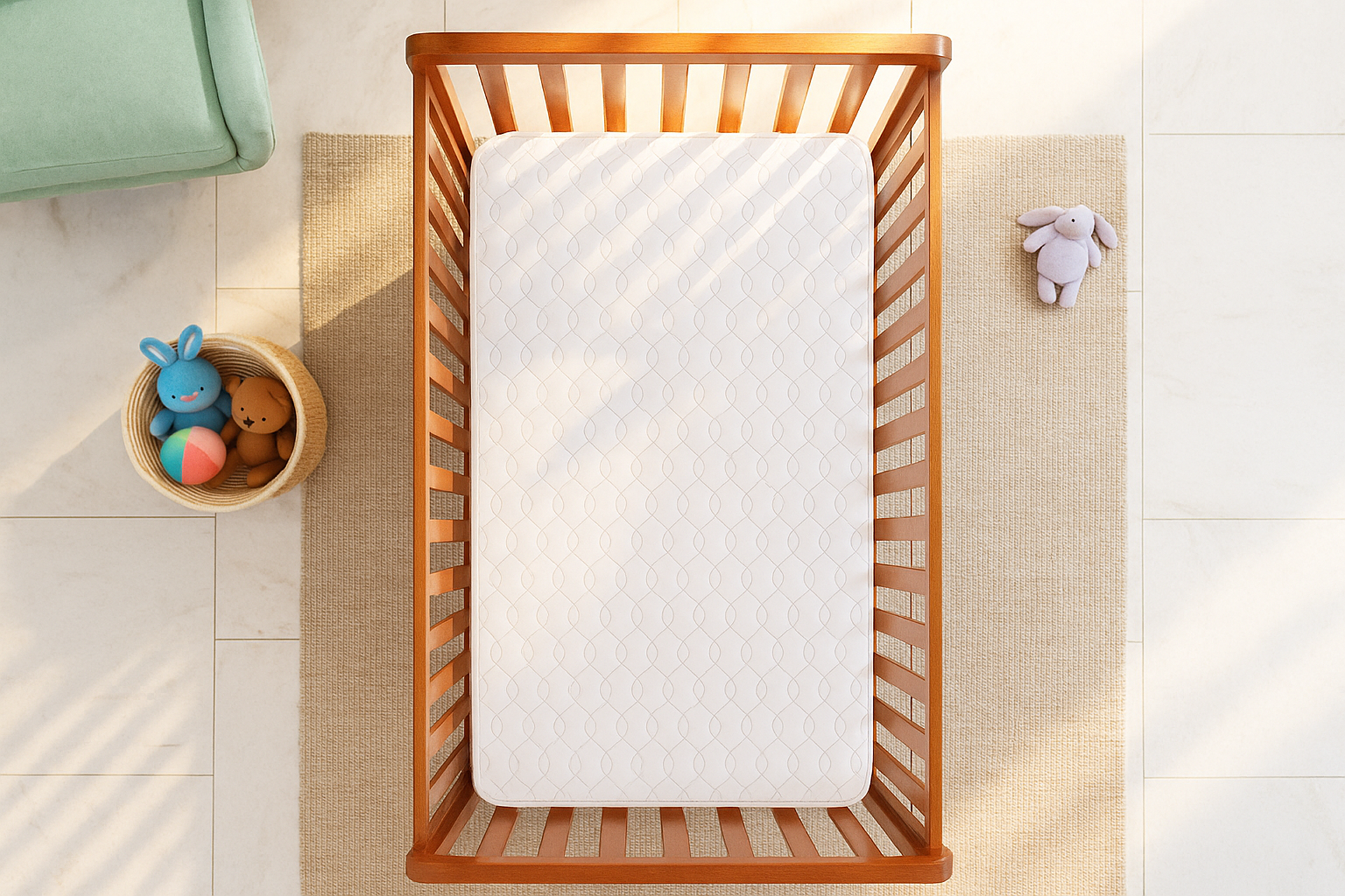 Dream On Me Twilight Innerspring Crib Mattress in a natural colored crib in a nursery setup.