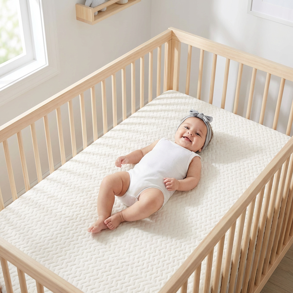 Baby resting in a modern wood crib with a breathable mattress in a bright, minimal nursery