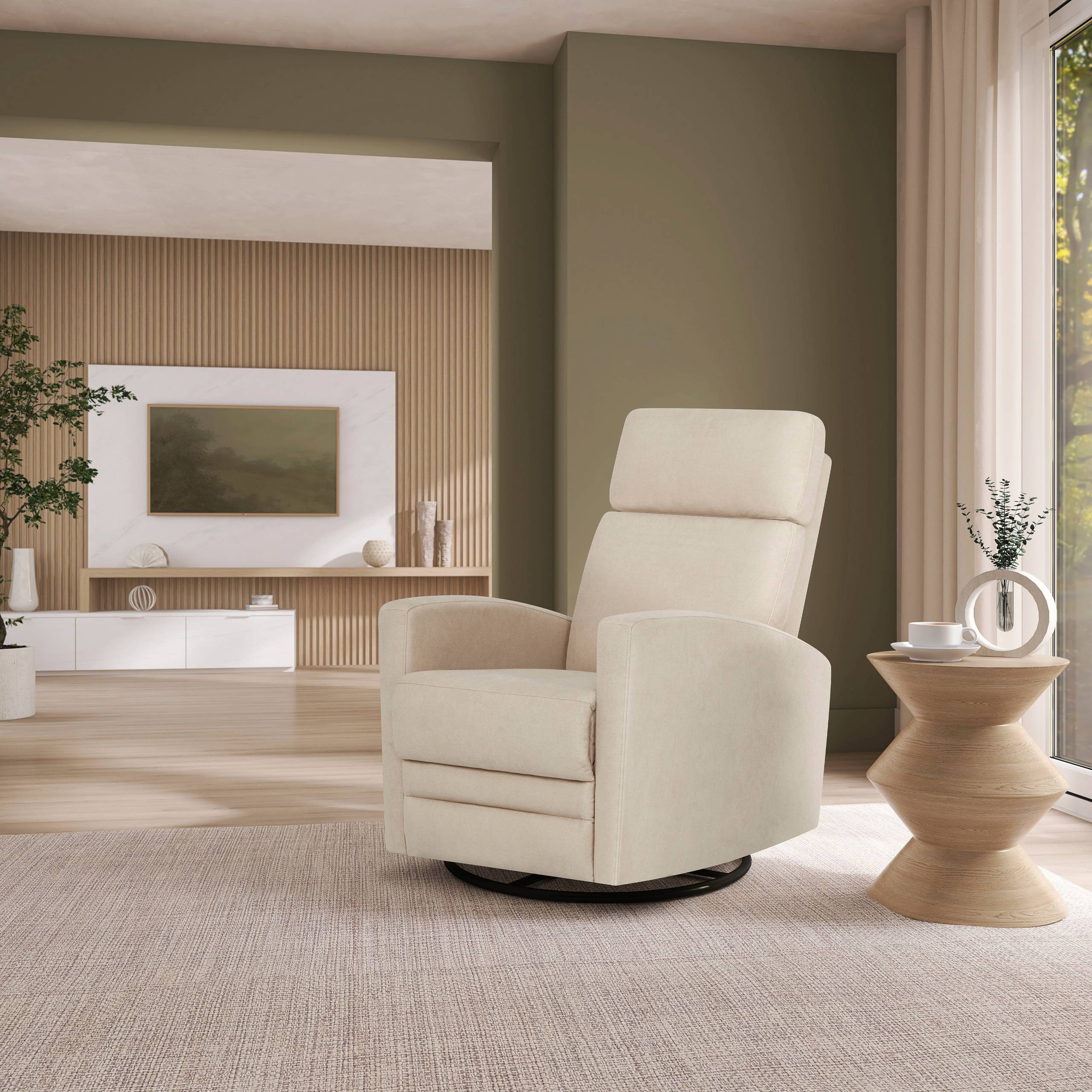 Dream On Me Chatham Basic Glider in modern living room with side table and neutral decor