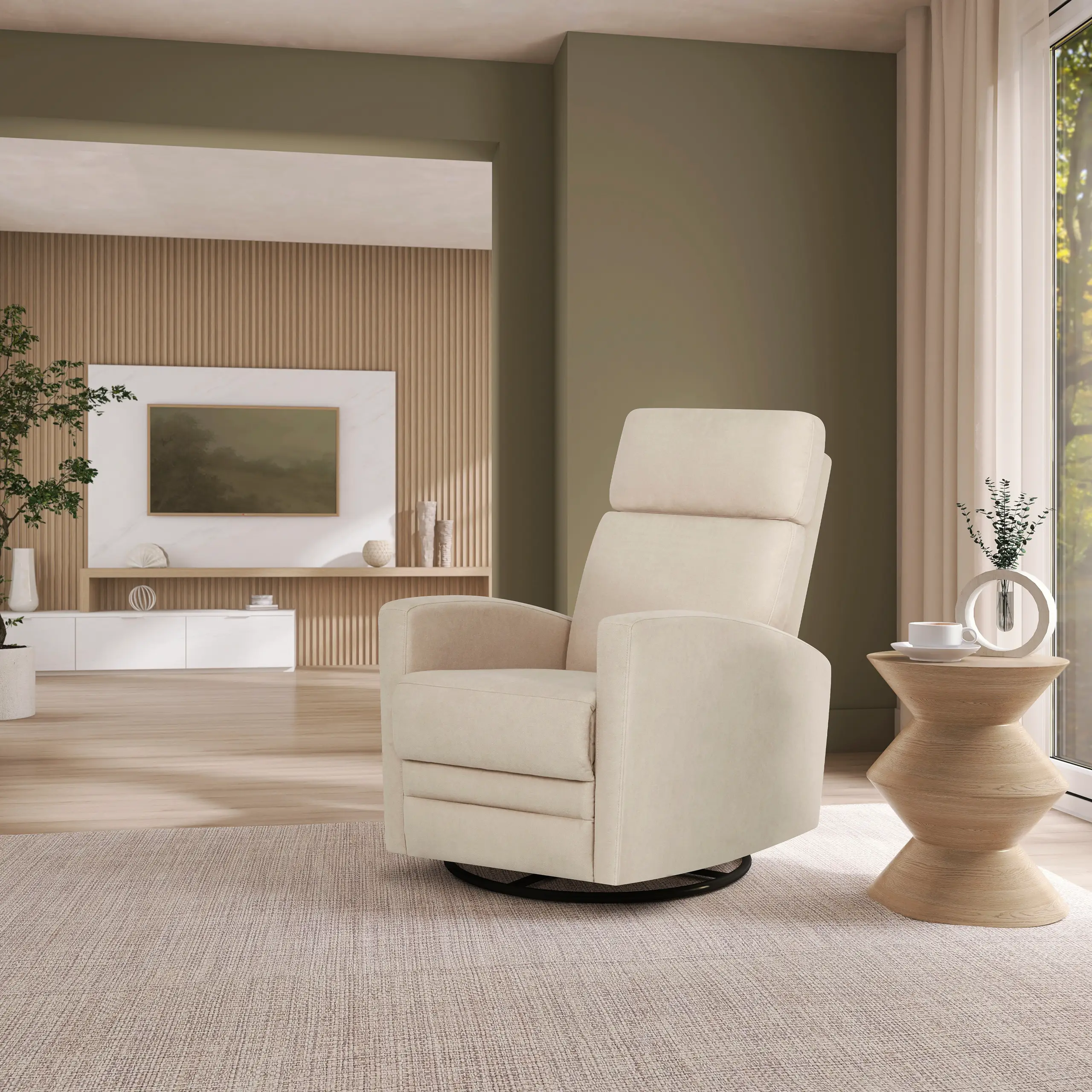 Dream On Me Chatham Basic Glider in modern living room with side table and neutral decor