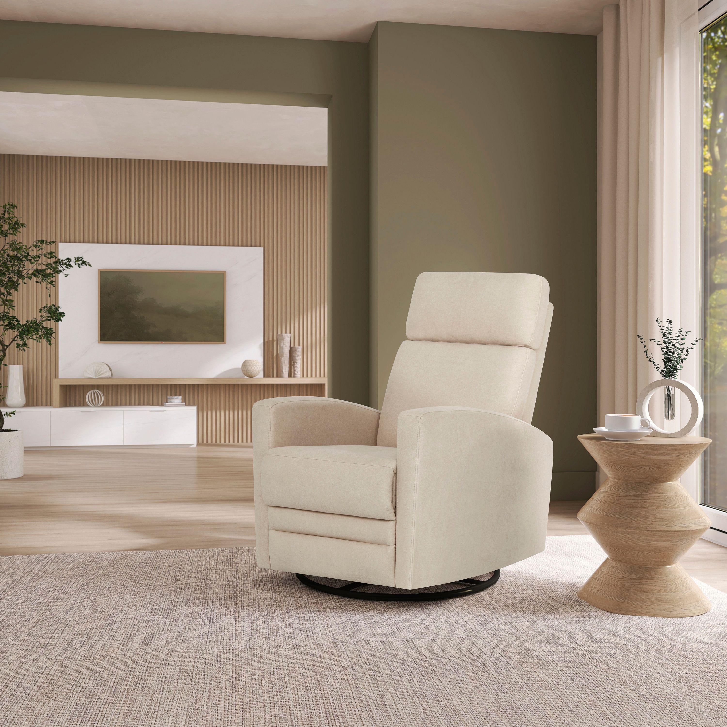 Dream On Me Chatham Basic Glider in modern living room with side table and neutral decor