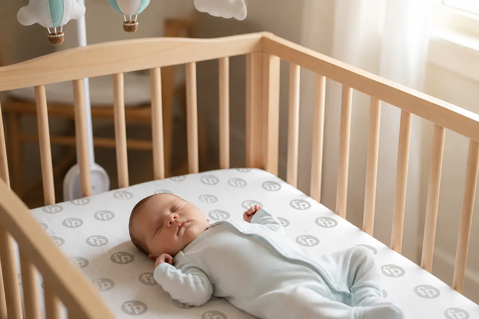 Baby sleeping on its back in a wooden crib with a hot air balloon mobile.