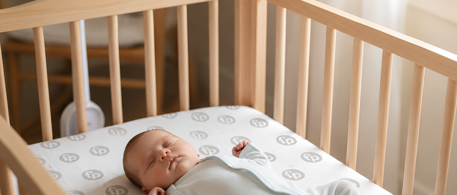Baby sleeping on its back in a wooden crib with a hot air balloon mobile.