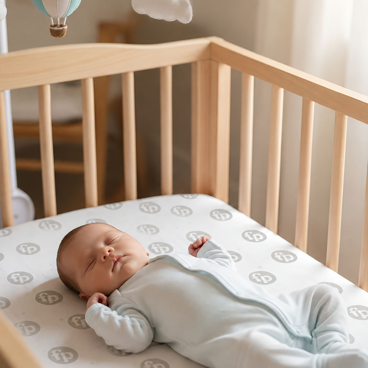 Baby sleeping on its back in a wooden crib with a hot air balloon mobile.