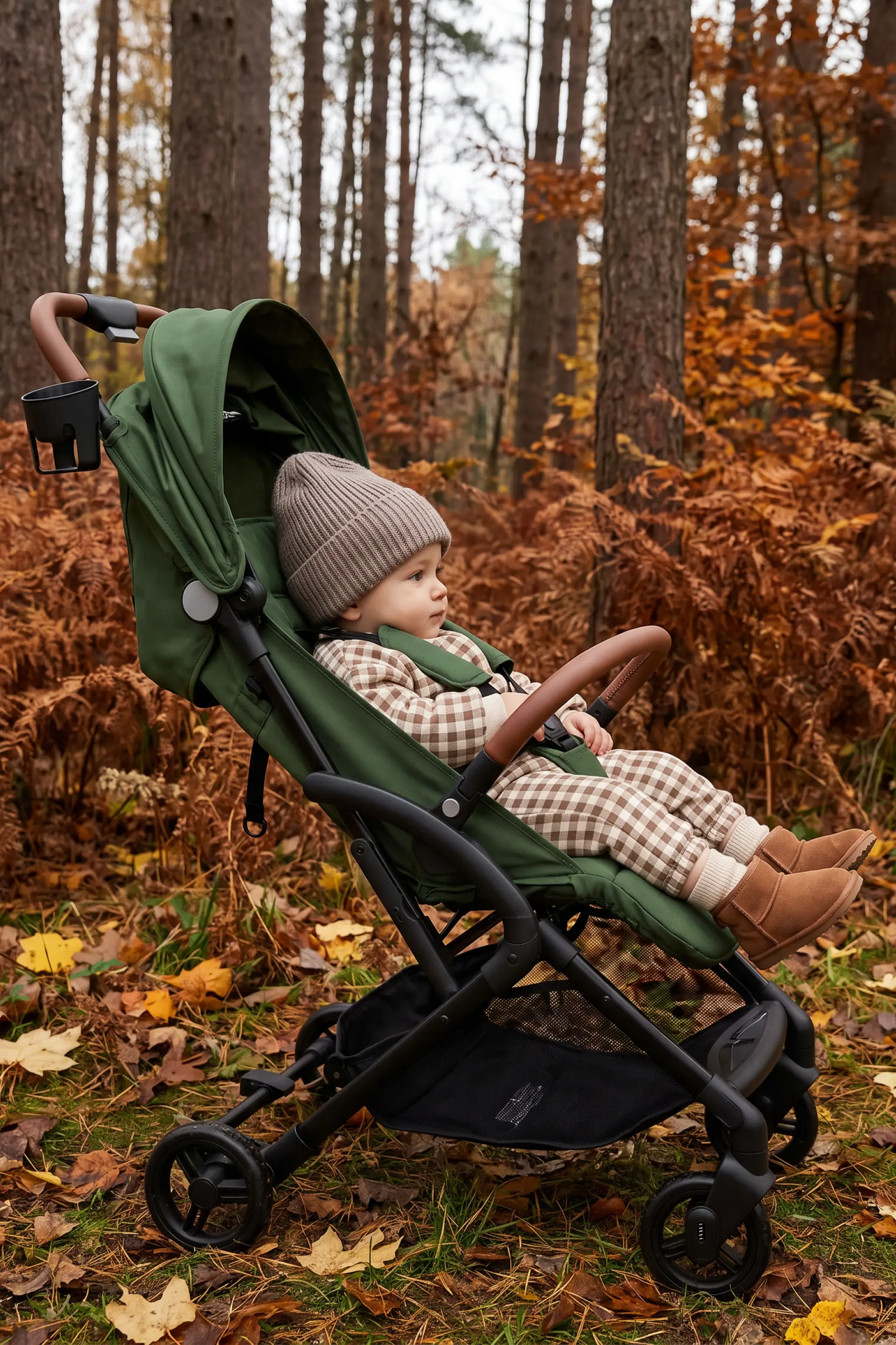 A baby in a knit hat and checkered outfit sits in a dark green stroller in an autumn forest with fallen leaves.