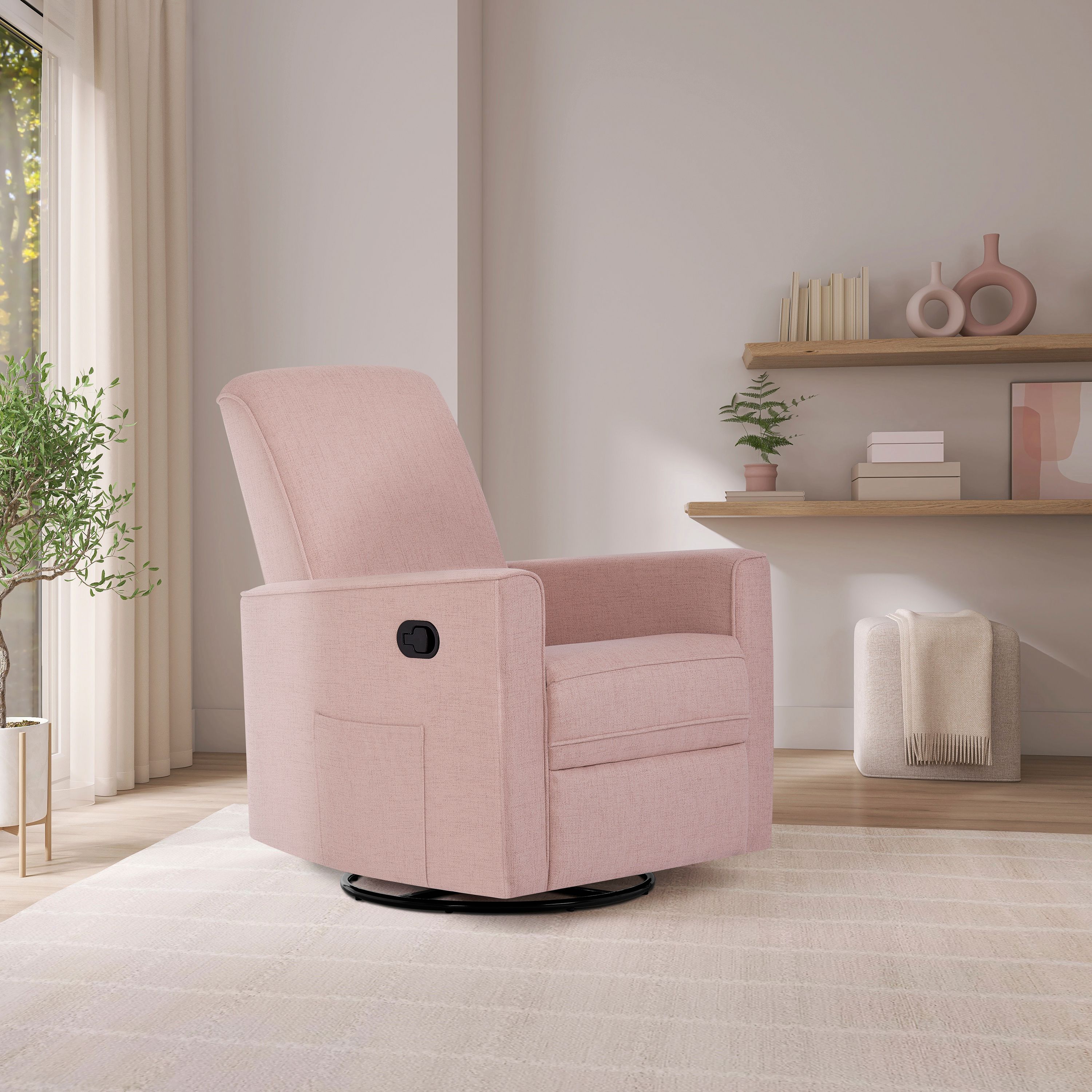 Evolur Harlow swivel glider recliner chair in pink with side pocket in modern nursery room decor