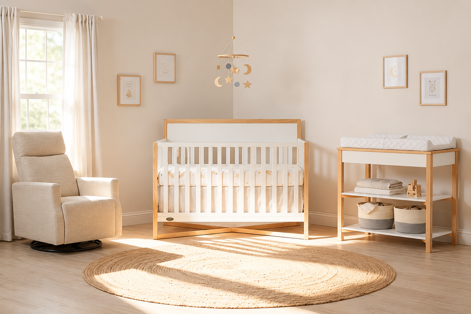 A neutral-toned nursery with a white and wood crib, matching changing table, and a cream glider.