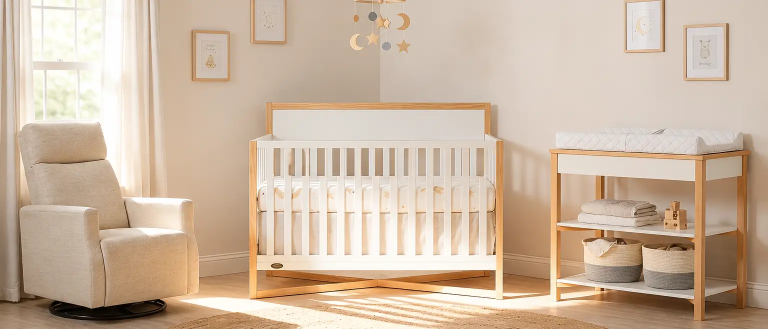 A neutral-toned nursery with a white and wood crib, matching changing table, and a cream glider.