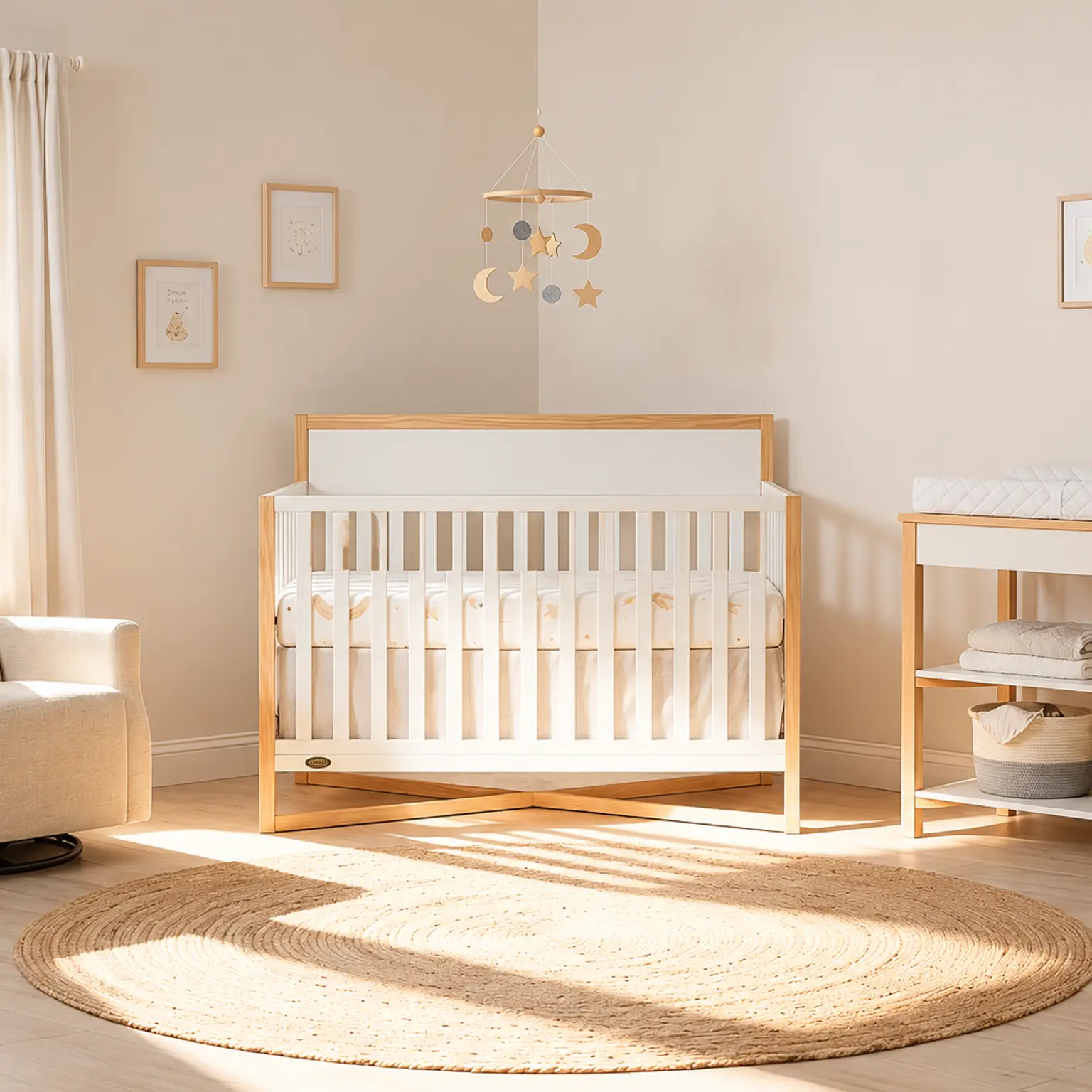 A neutral-toned nursery with a white and wood crib, matching changing table, and a cream glider.