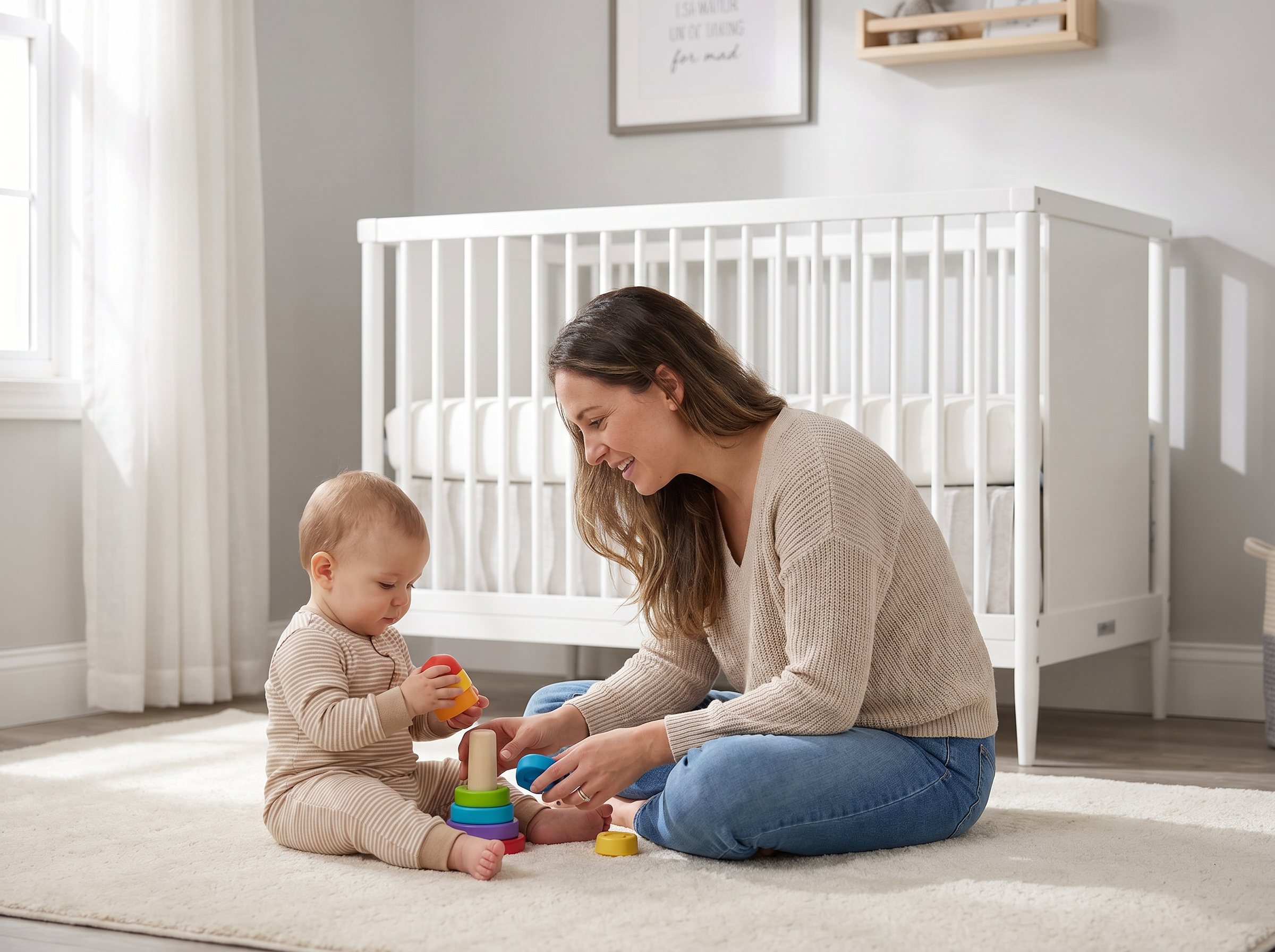 Mother sitting on a soft rug in a sunlit nursery, smiling and playing with her happy baby, with the Dream On Me Clover 4-in-1 Modern Island Crib with Rounded Spindles in the background.