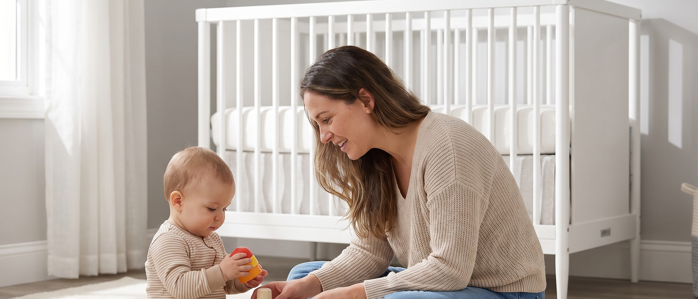 Mother sitting on a soft rug in a sunlit nursery, smiling and playing with her happy baby, with the Dream On Me Clover 4-in-1 Modern Island Crib with Rounded Spindles in the background.