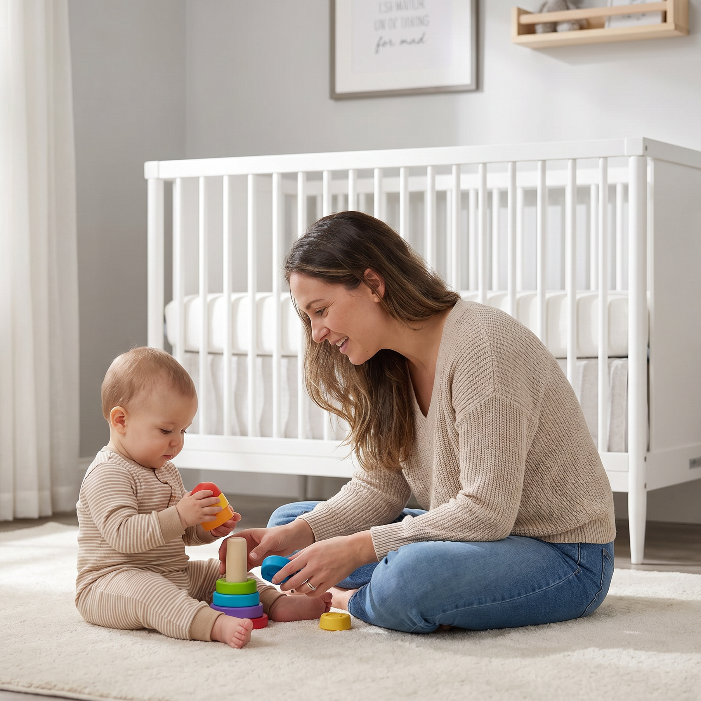Mother sitting on a soft rug in a sunlit nursery, smiling and playing with her happy baby, with the Dream On Me Clover 4-in-1 Modern Island Crib with Rounded Spindles in the background.