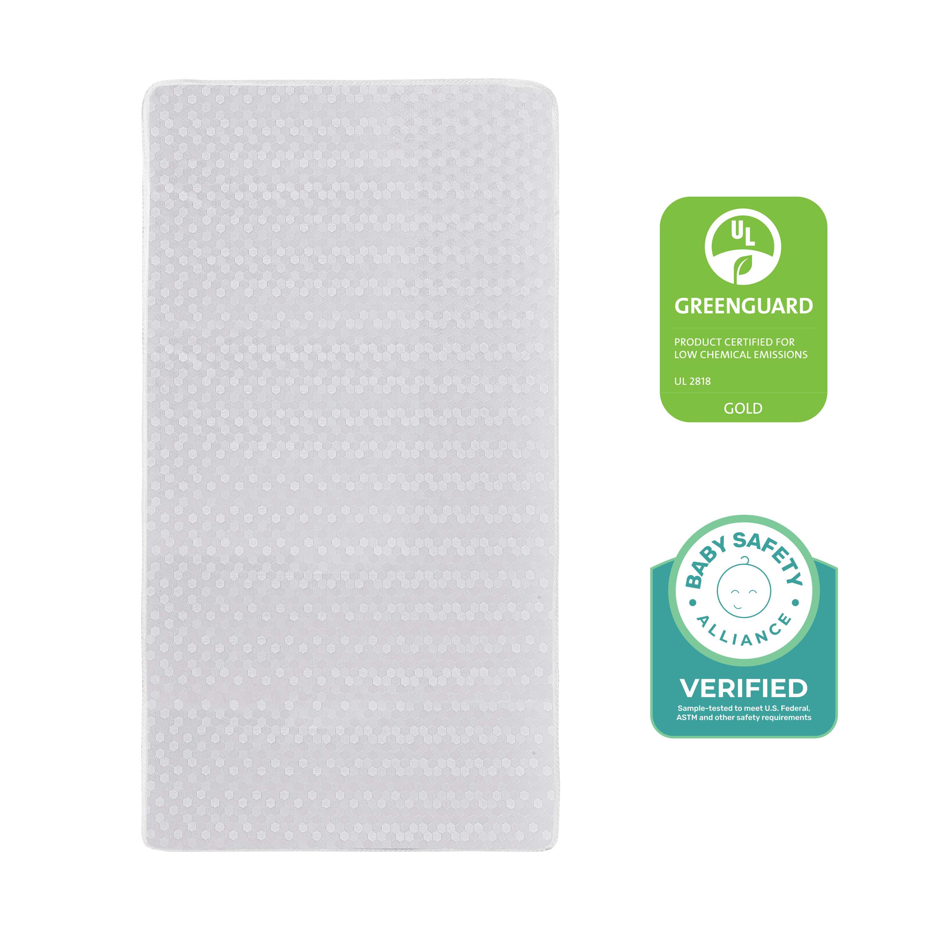 Dream On Me crib mattress with a textured dotted surface,GREENGUARD Gold and Baby Safety Alliance Verified for low chemical emissions and safety compliance