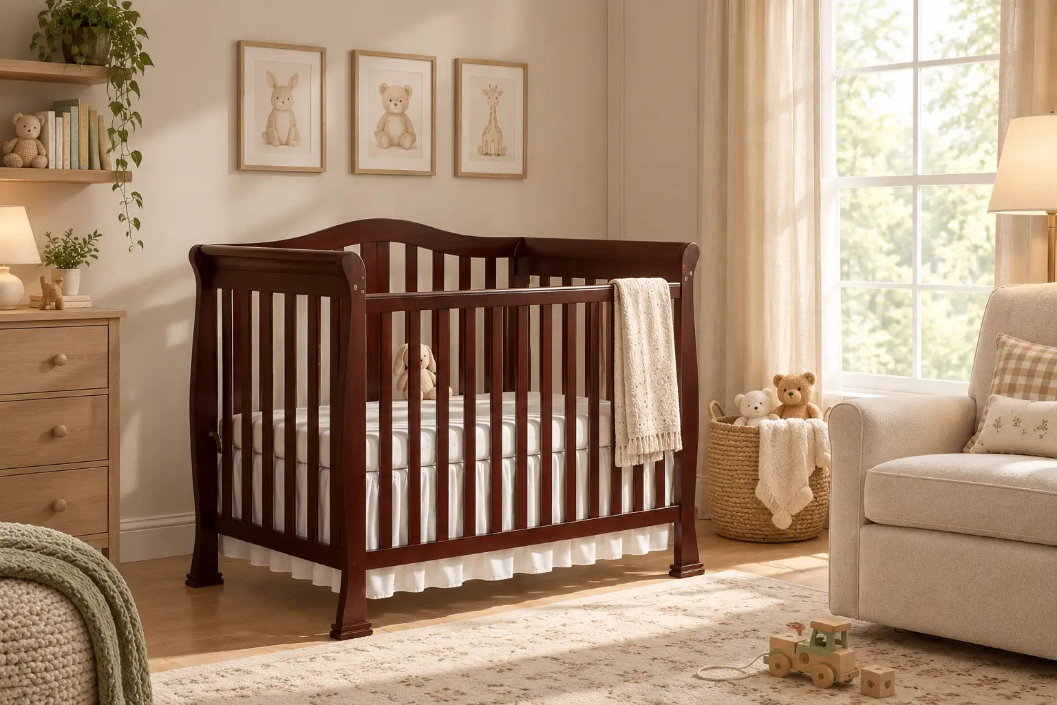 A warm nursery room featuring a dark wood crib, light wood dresser, and a cream rocking chair by a window, decorated with animal art.
