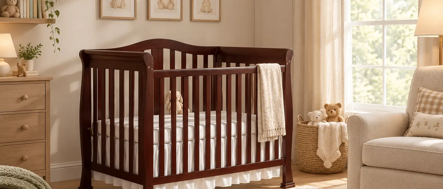 A warm nursery room featuring a dark wood crib, light wood dresser, and a cream rocking chair by a window, decorated with animal art.