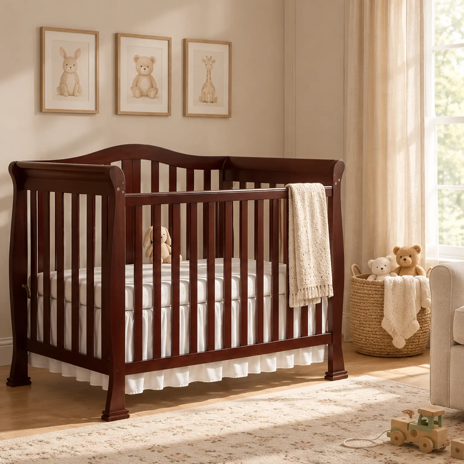 A warm nursery room featuring a dark wood crib, light wood dresser, and a cream rocking chair by a window, decorated with animal art.