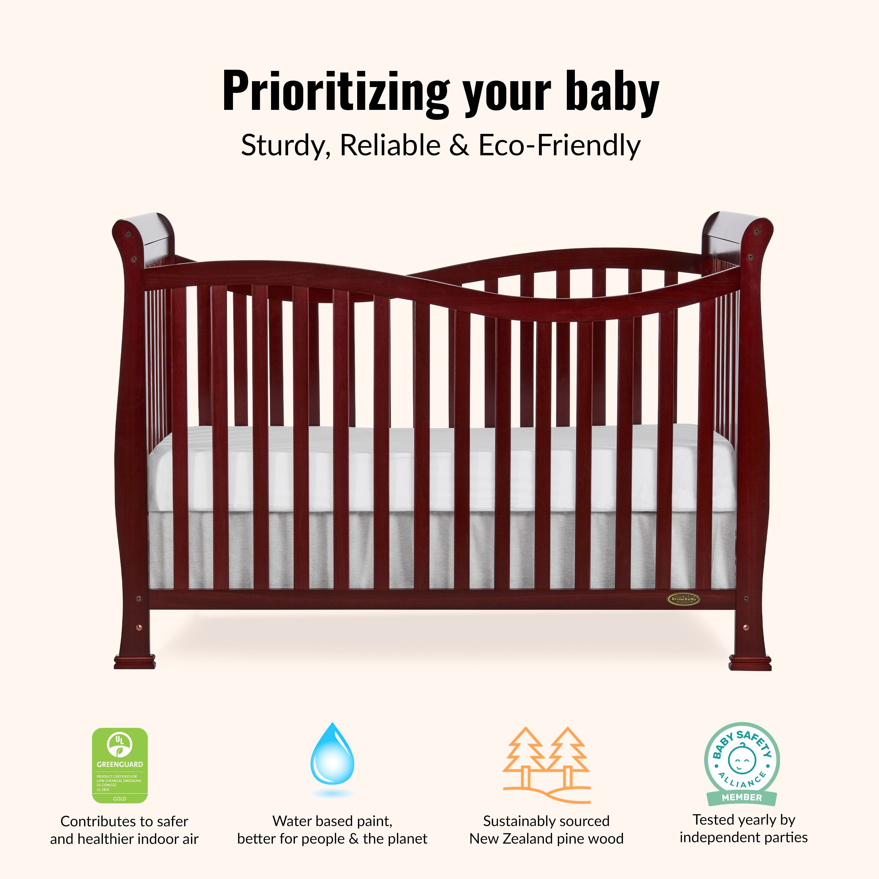 Dream On Me Violet 7-in-1 Convertible Crib highlighting Greenguard Gold standard for safe nursery environments