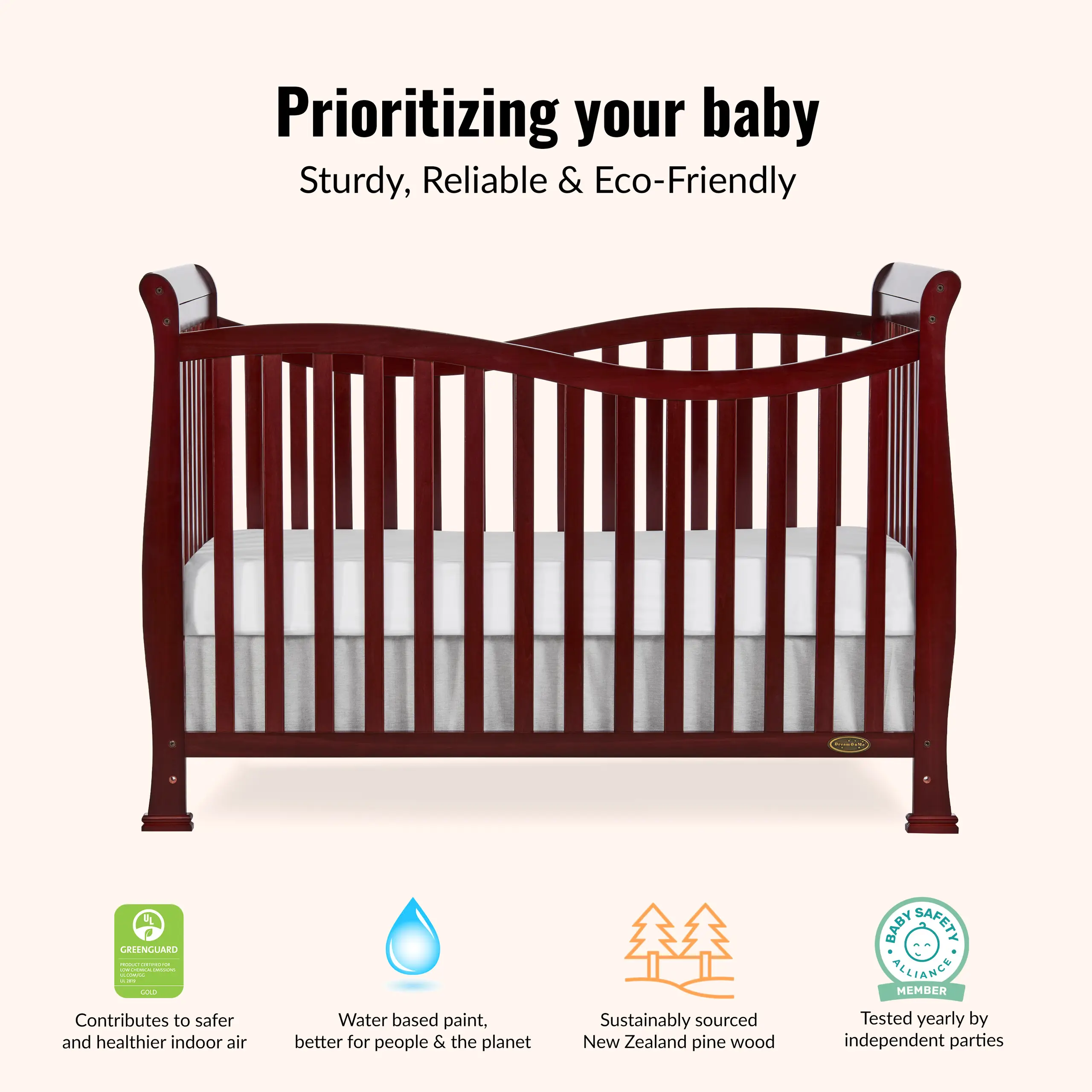 Dream On Me Violet 7-in-1 Convertible Crib highlighting Greenguard Gold standard for safe nursery environments
