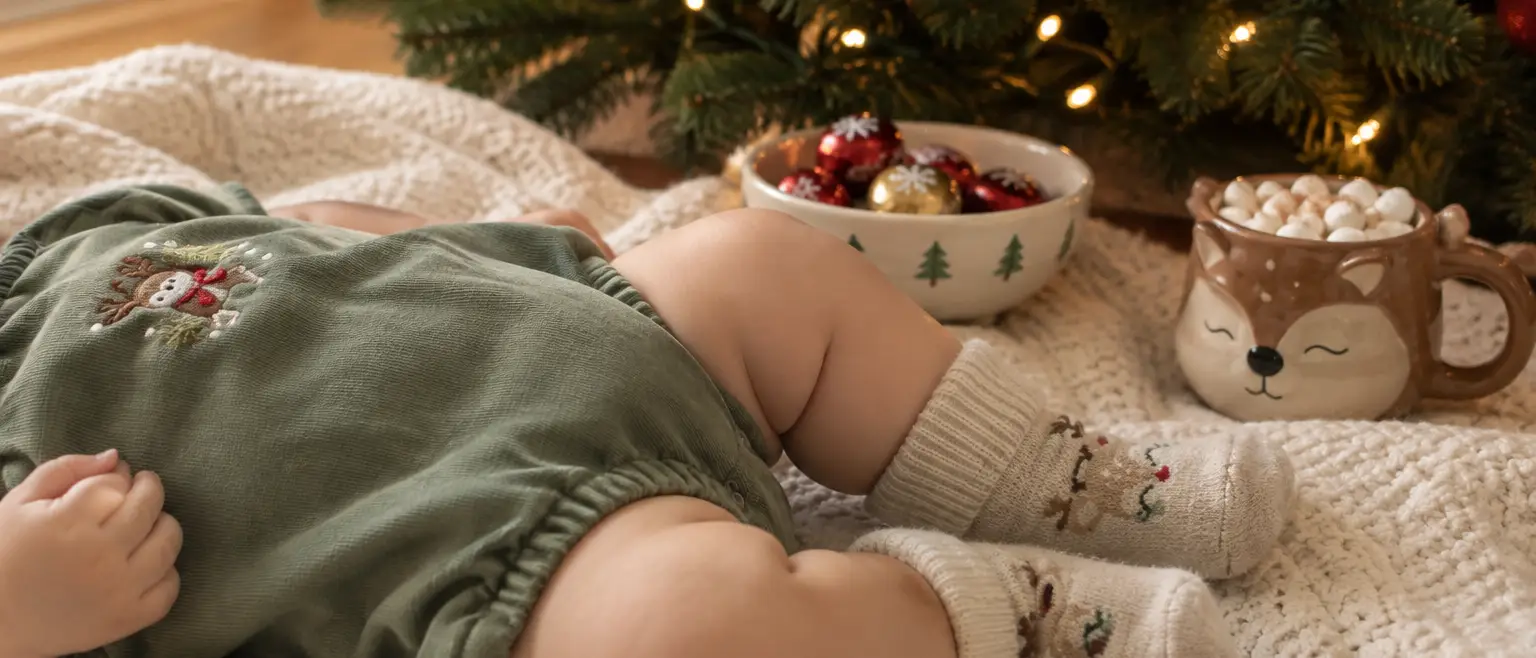 Baby in a green Christmas romper and reindeer socks lies on a blanket, beside a decorated tree, a bowl of ornaments, and a deer mug of hot chocolate.