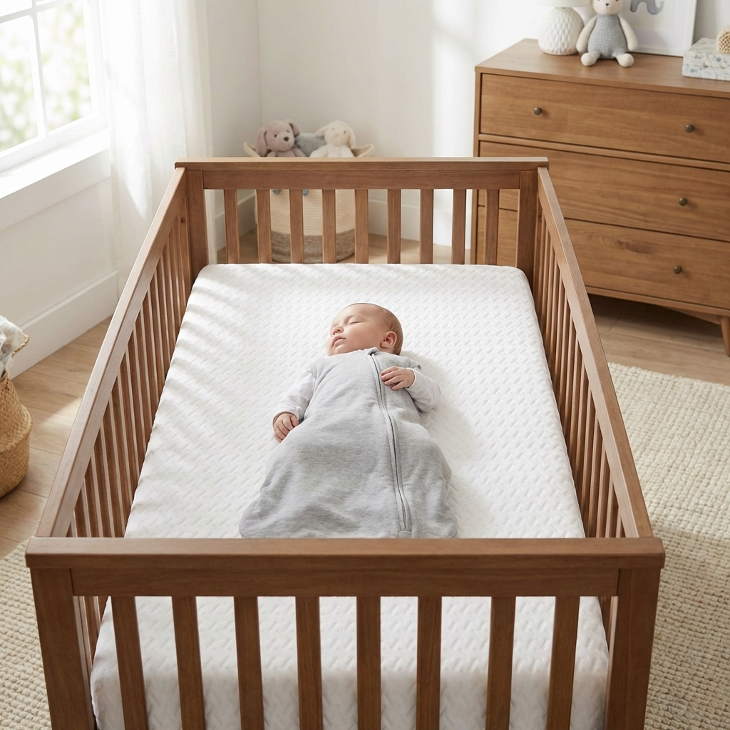 Newborn sleeping on a firm crib mattress in a calm setting