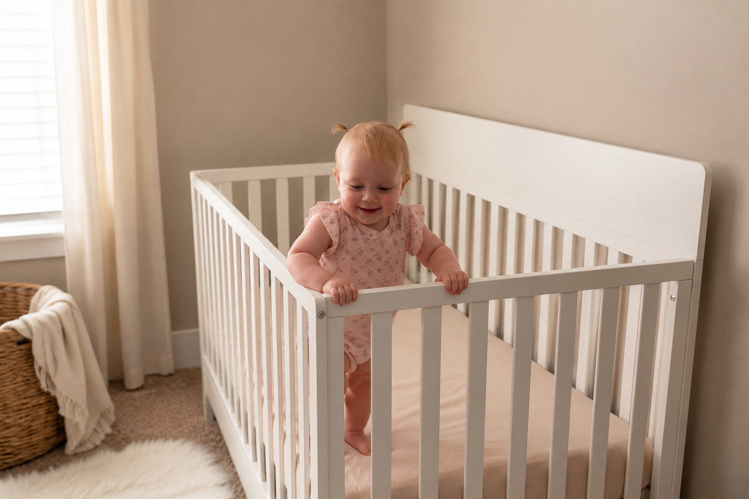 A smiling baby with pigtails stands in a white crib, holding the rail.