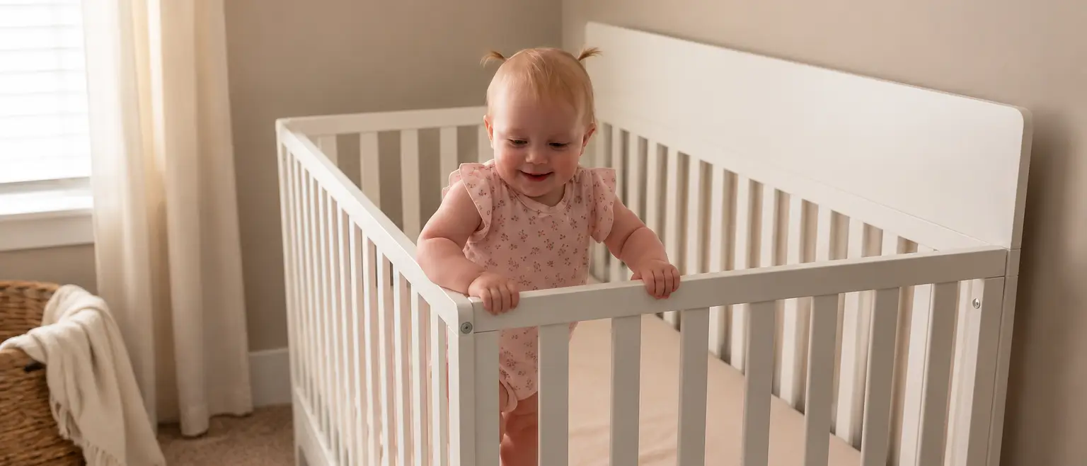 A smiling baby with pigtails stands in a white crib, holding the rail.