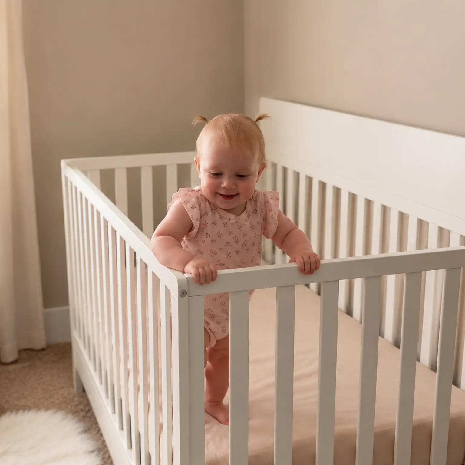 A smiling baby with pigtails stands in a white crib, holding the rail.