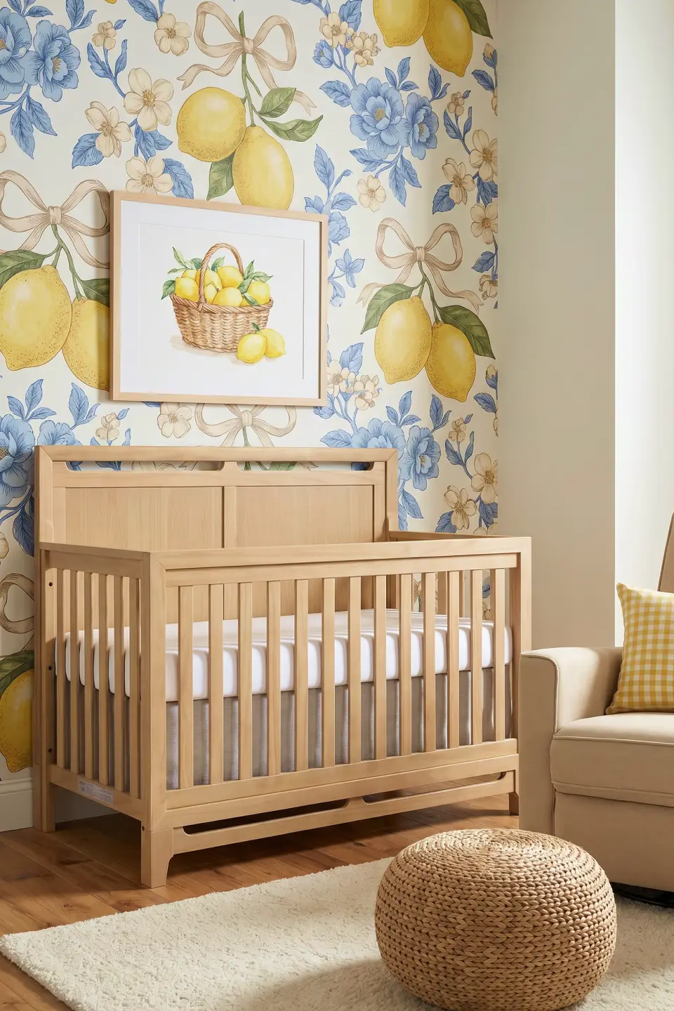 A bright nursery with a light wood crib, lemon and blue floral wallpaper, a framed lemon art print, a beige armchair, and a woven pouf on a white rug.
