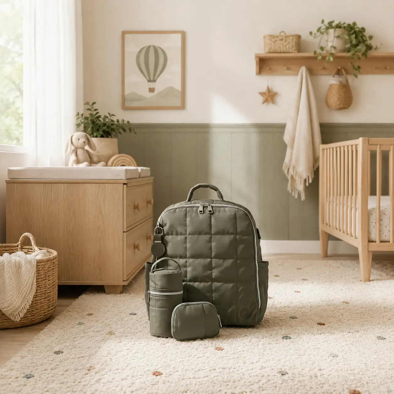 Green quilted Hannah & Sophia diaper bag backpack with matching bottle holder and mini pouch displayed on a nursery floor surrounded by natural wood furniture and soft neutral decor