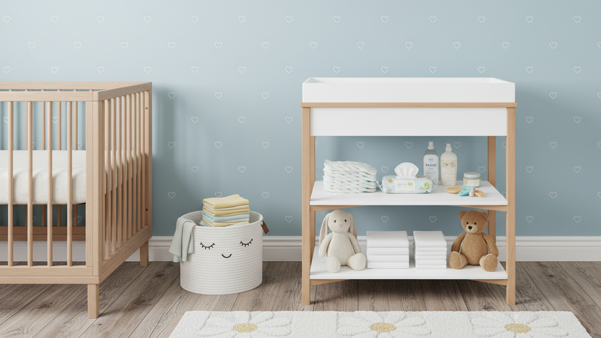 Baby nursery featuring a modern changing table with open storage and essential newborn items