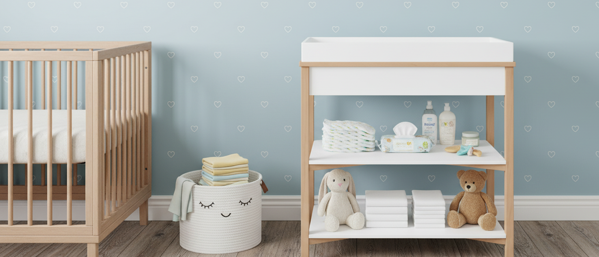 Baby nursery featuring a modern changing table with open storage and essential newborn items