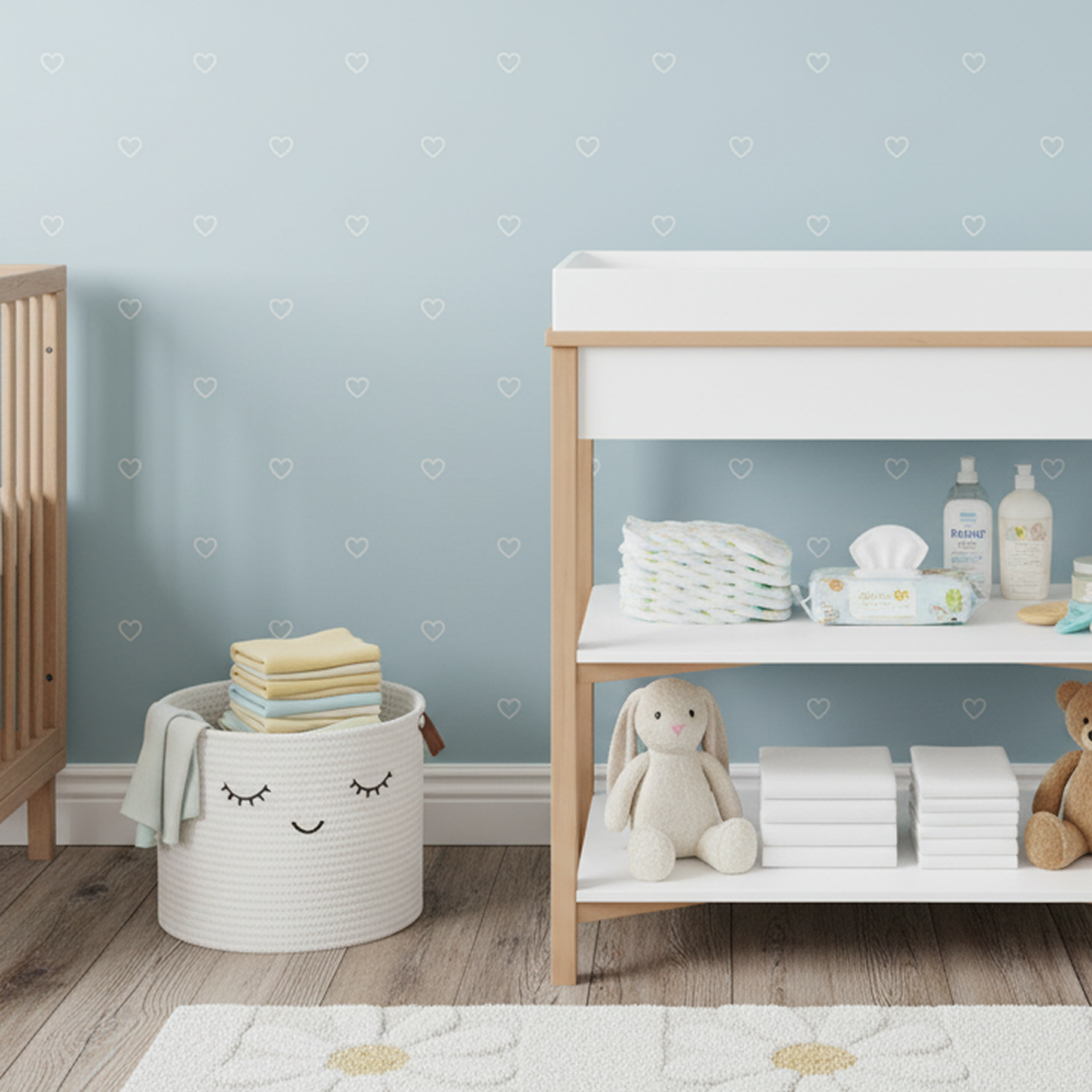 Baby nursery featuring a modern changing table with open storage and essential newborn items