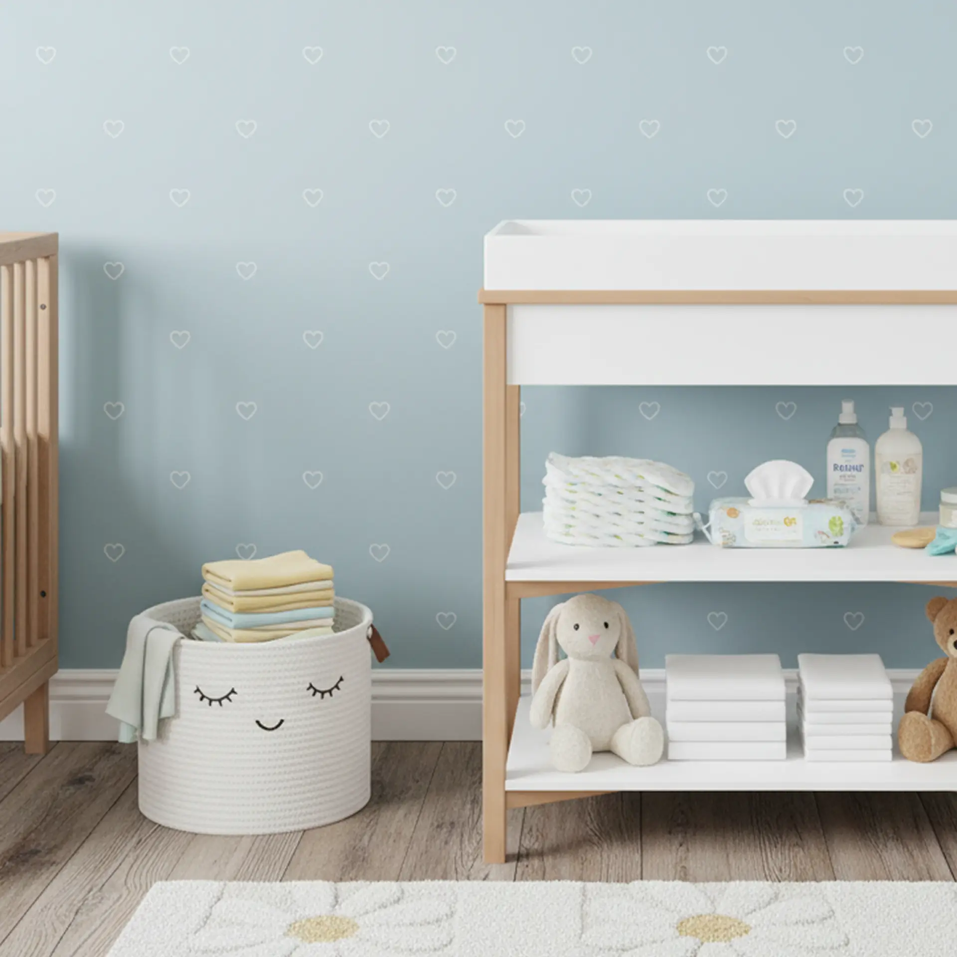 Baby nursery featuring a modern changing table with open storage and essential newborn items