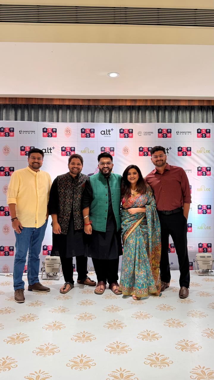 Maharashtrian-themed corporate event by Bendre Caterers for Amuk Tamuk Podcast featuring traditional attire, curated menu, and live podcast setup.