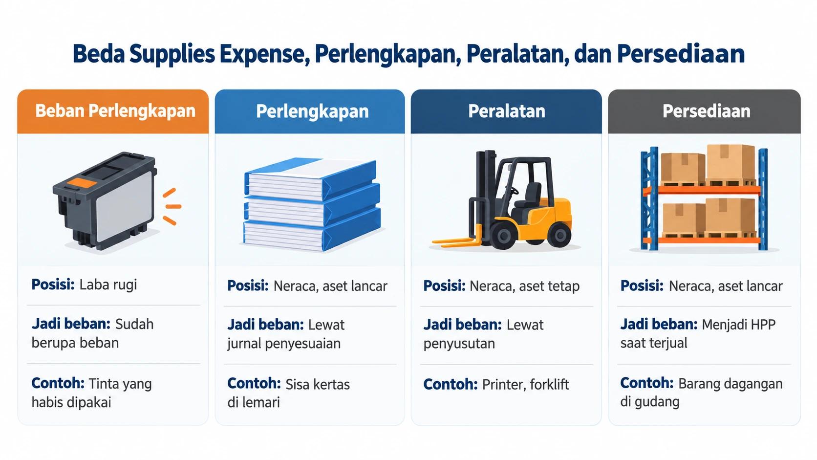 Perbedaan supplies expense, perlengkapan, peralatan, dan persediaan