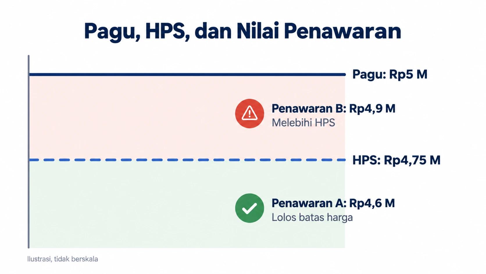 Infografis hubungan pagu anggaran, HPS, dan nilai penawaran dalam tender