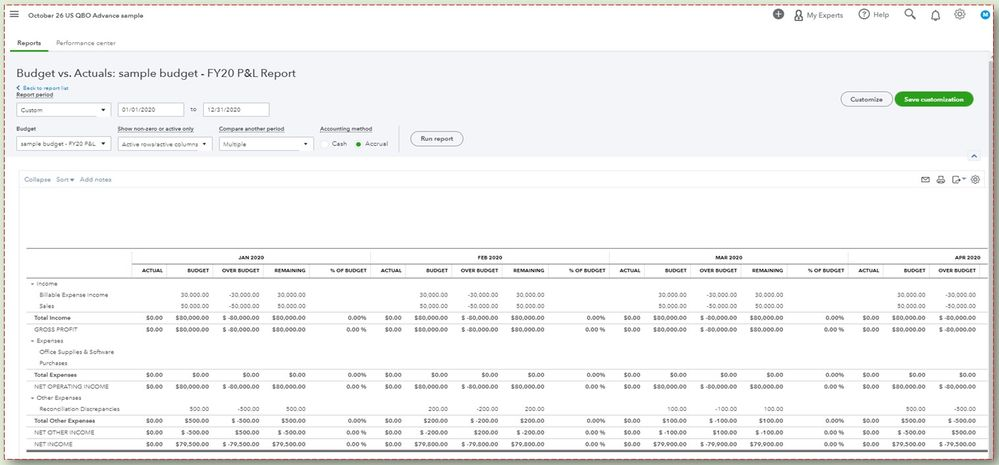 Screenshot dari QuickBooks Online Advanced Budgeting Report