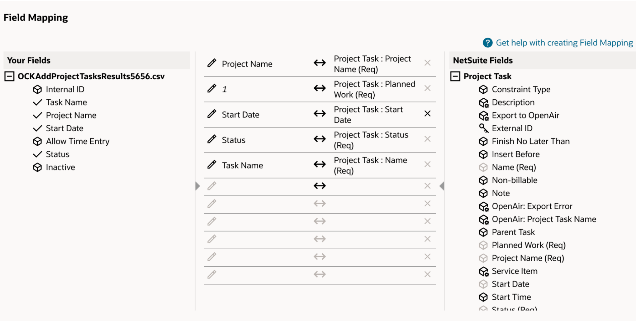NetSuite Project Task Import field mapping screen with some selections made