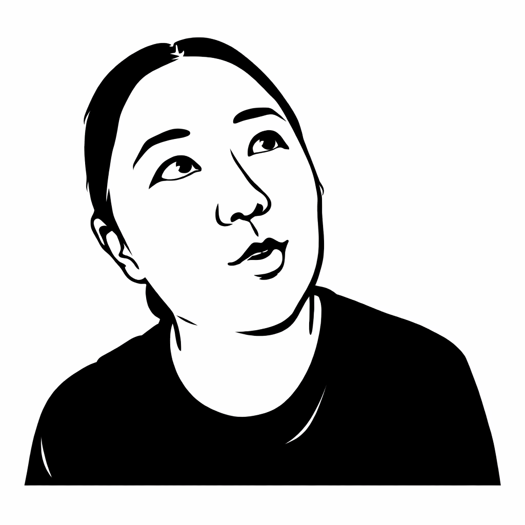 cartoon picture of Yiting looking away from the camera, thinking and talking