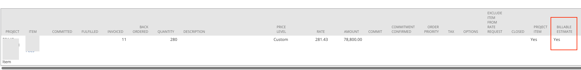 shows the placement of the billable estimate field on sales order lines