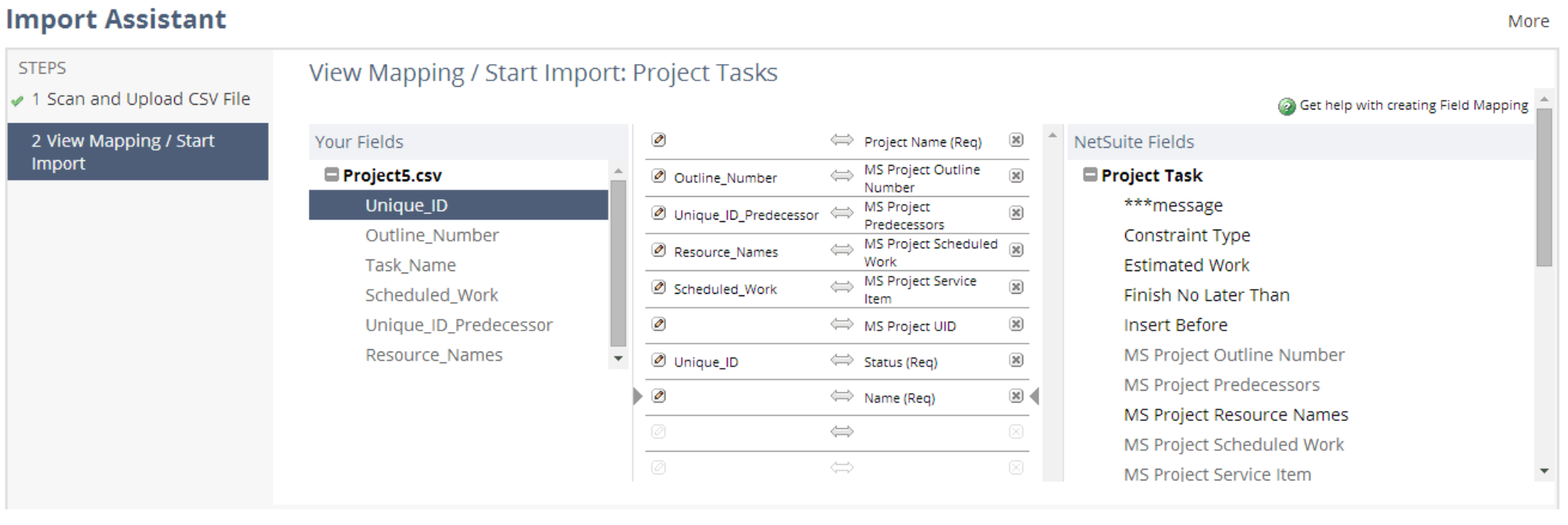 NetSuite Project task Import with MS Project fields showing