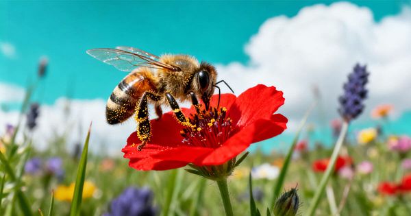 it's a bee on a poppy on a sunny day
