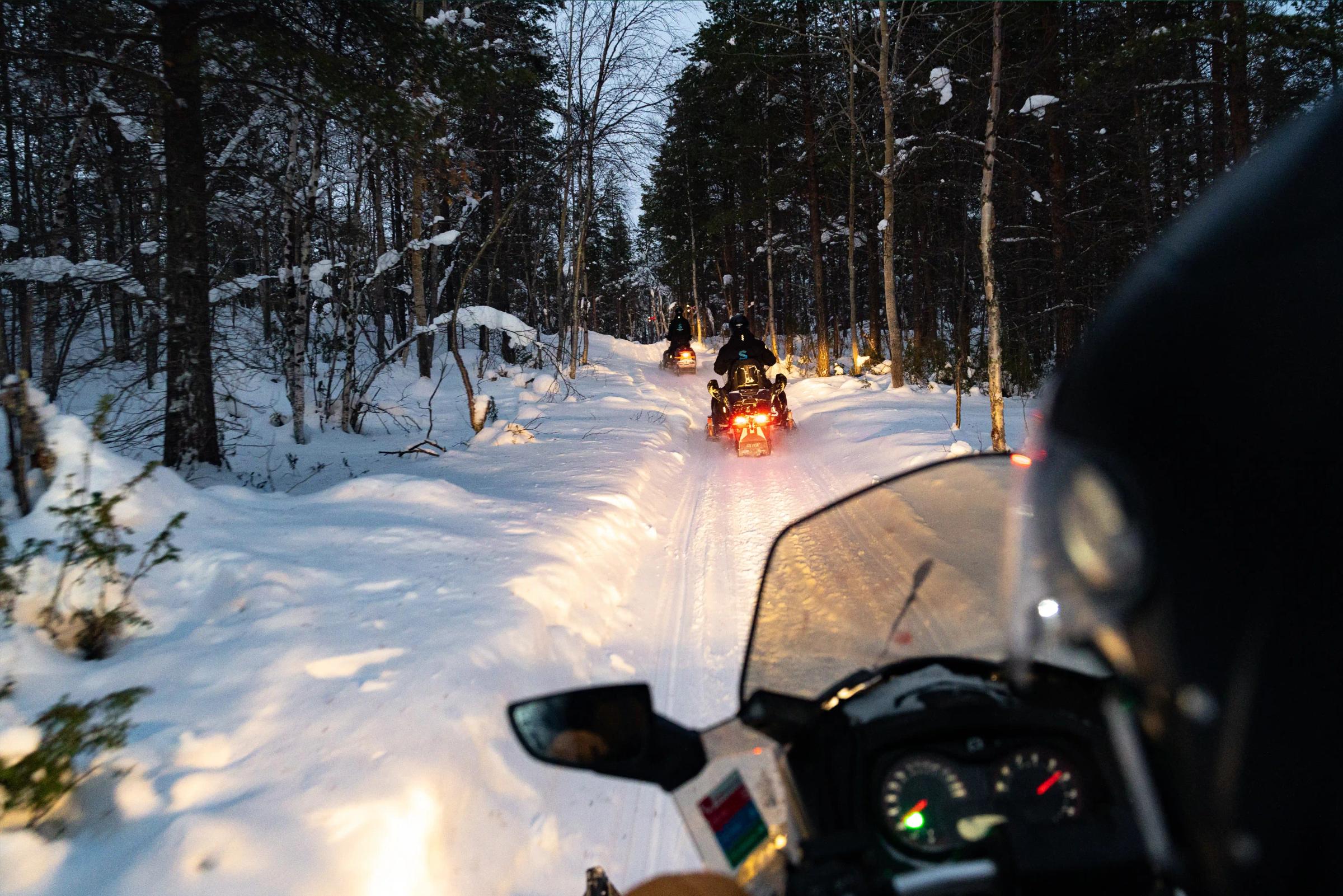 Kjør din egen snøscooter over den frosne fjorden gjennom snødekte landskap.
