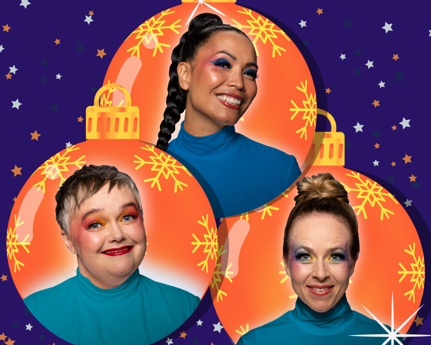 Tre damer som vises i hver sin julekule.